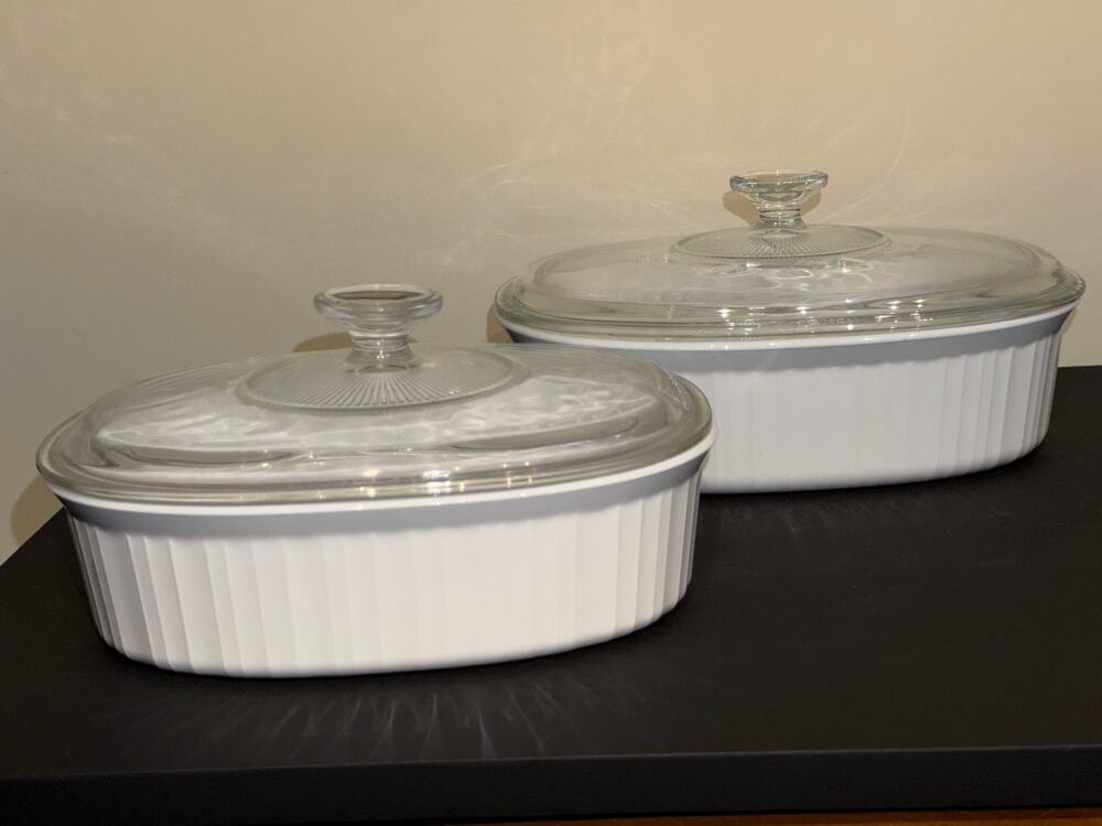 Vintage Set of 4 Corningware French White 1.8L 2.8L Oval Cookware w/Pyrex Lids